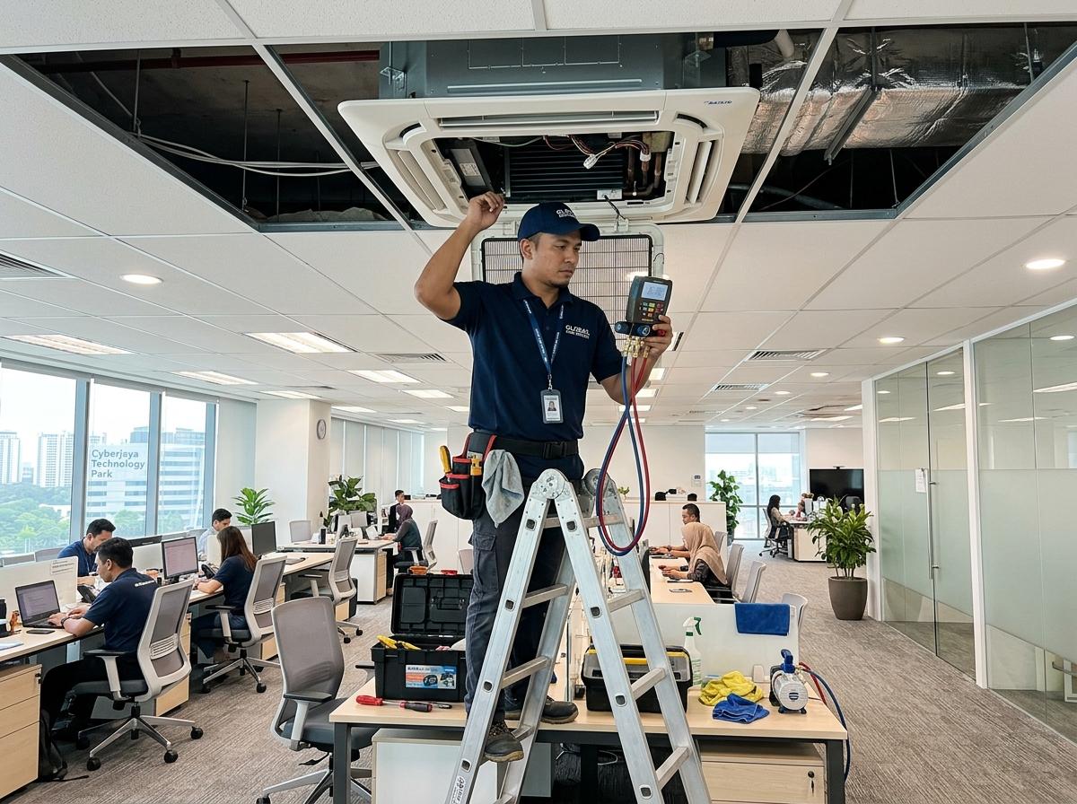 Maju Jaya Aircond technician servicing a 4-way ceiling cassette in a Klang corporate tech office
