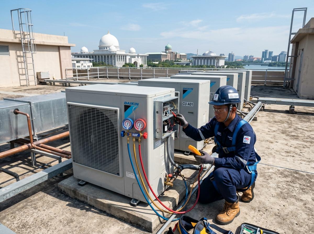Maju Jaya Aircond certified technician checking commercial rooftop aircon condenser fleet in Klang